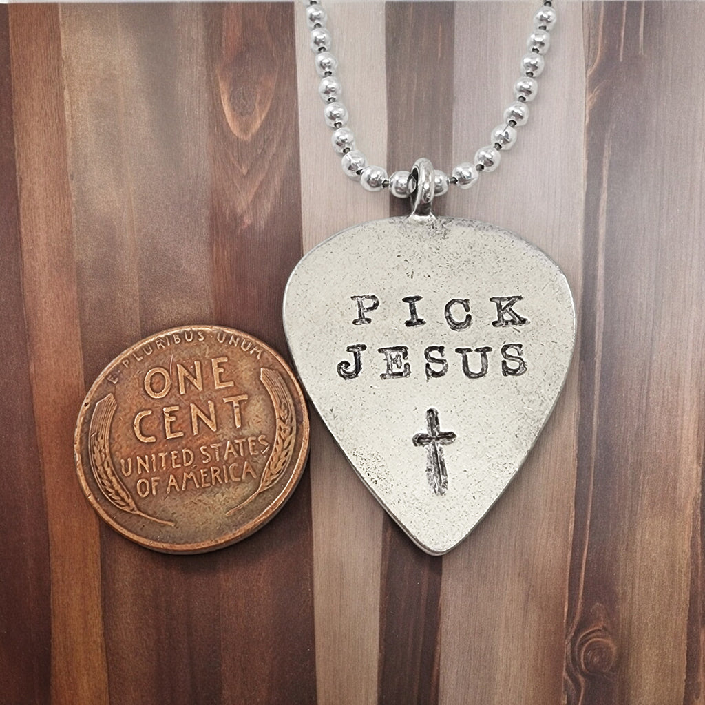 Pick Jesus Cross Guitar Pick Antique Silver Finish Pendant Ball Chain Necklace