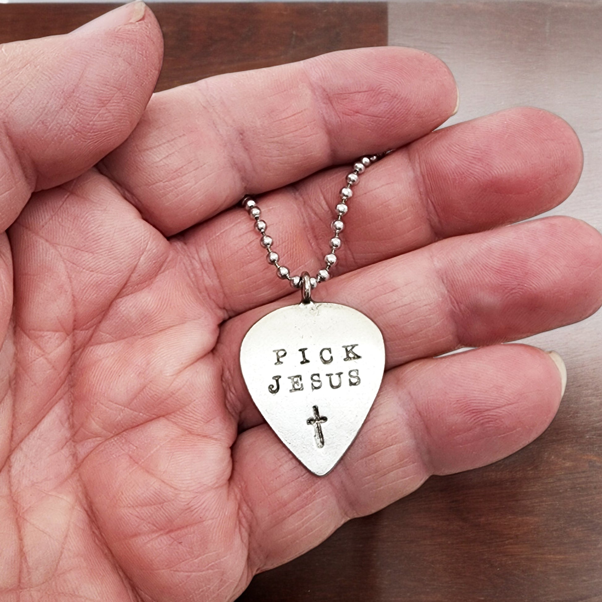 Pick Jesus Cross Guitar Pick Antique Silver Finish Pendant Ball Chain Necklace