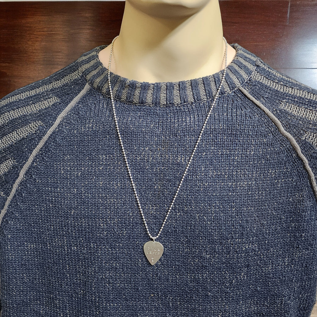 Pick Jesus Cross Guitar Pick Antique Silver Finish Pendant Ball Chain Necklace