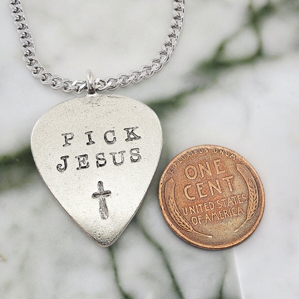 Pick Jesus Cross Antique Silver Finish Guitar Pick Pendant Chain Necklace