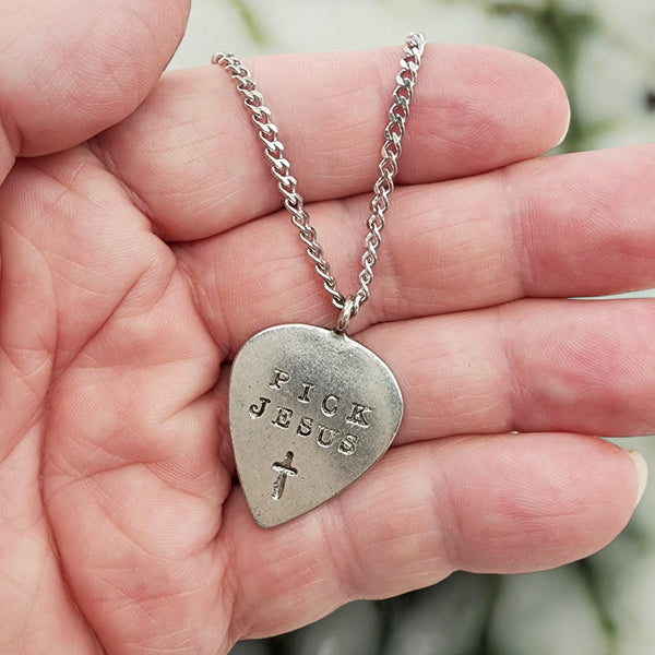 Pick Jesus Cross Antique Silver Finish Guitar Pick Pendant Chain Necklace