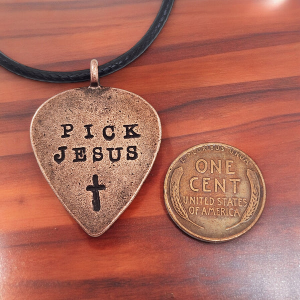 Guitar Pick Jesus Cross Antique Copper Finish Pendant Black Cord Necklace