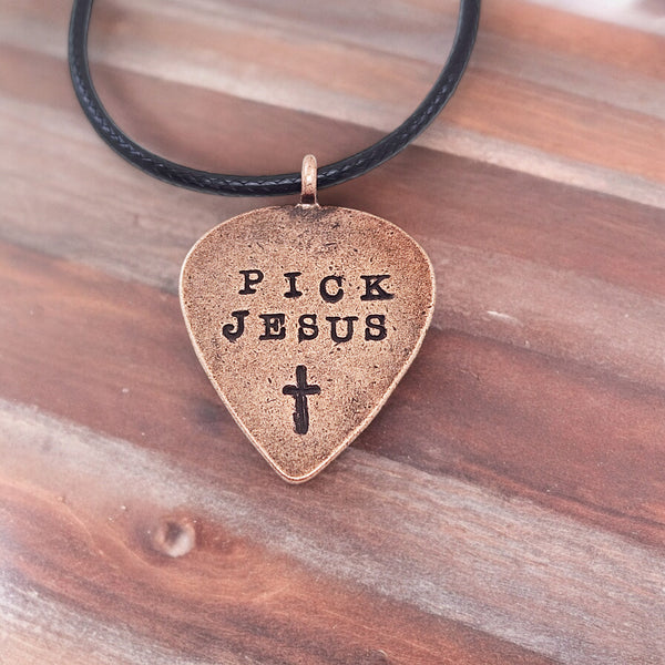 Guitar Pick Jesus Cross Antique Copper Finish Pendant Black Cord Necklace