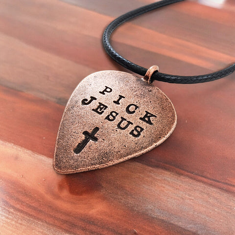 Guitar Pick Jesus Cross Antique Copper Finish Pendant Black Cord Necklace