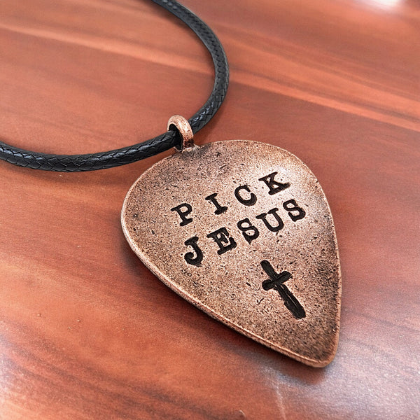 Guitar Pick Jesus Cross Antique Copper Finish Pendant Black Cord Necklace