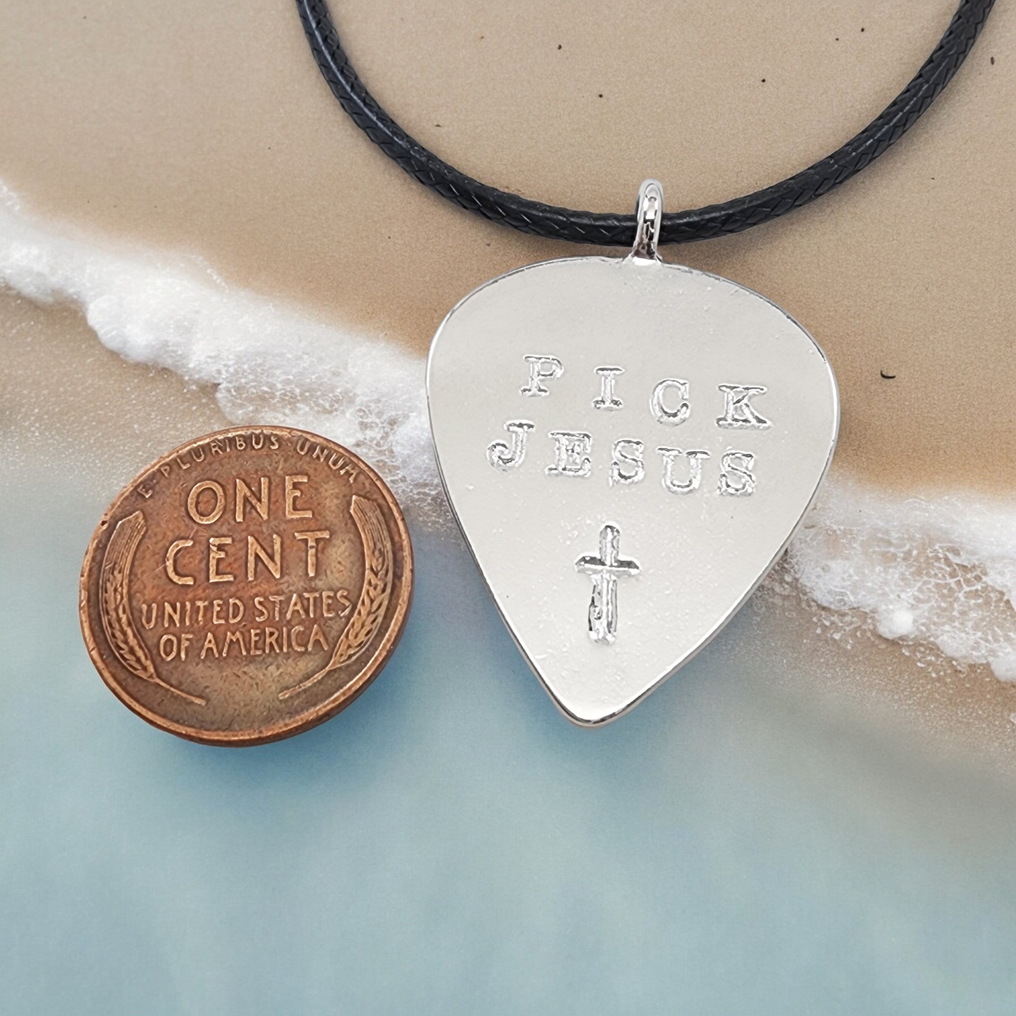 Guitar Pick Jesus Cross Rhodium Metal Finish Pendant Black Guitar Pick Jesus Cross Rhodium Metal Finish Pendant Black