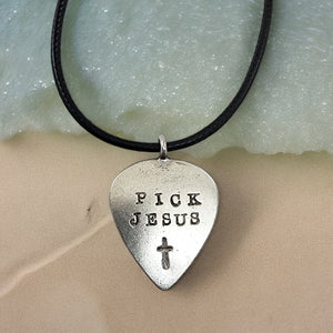 Guitar Pick Jesus Cross Antique Silver Finish Pendant Black Cord Necklace