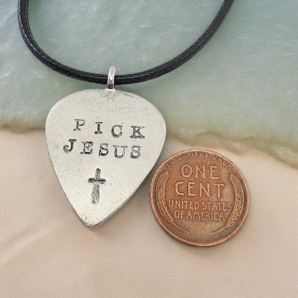 Guitar Pick Jesus Cross Antique Silver Finish Pendant Black Cord Necklace