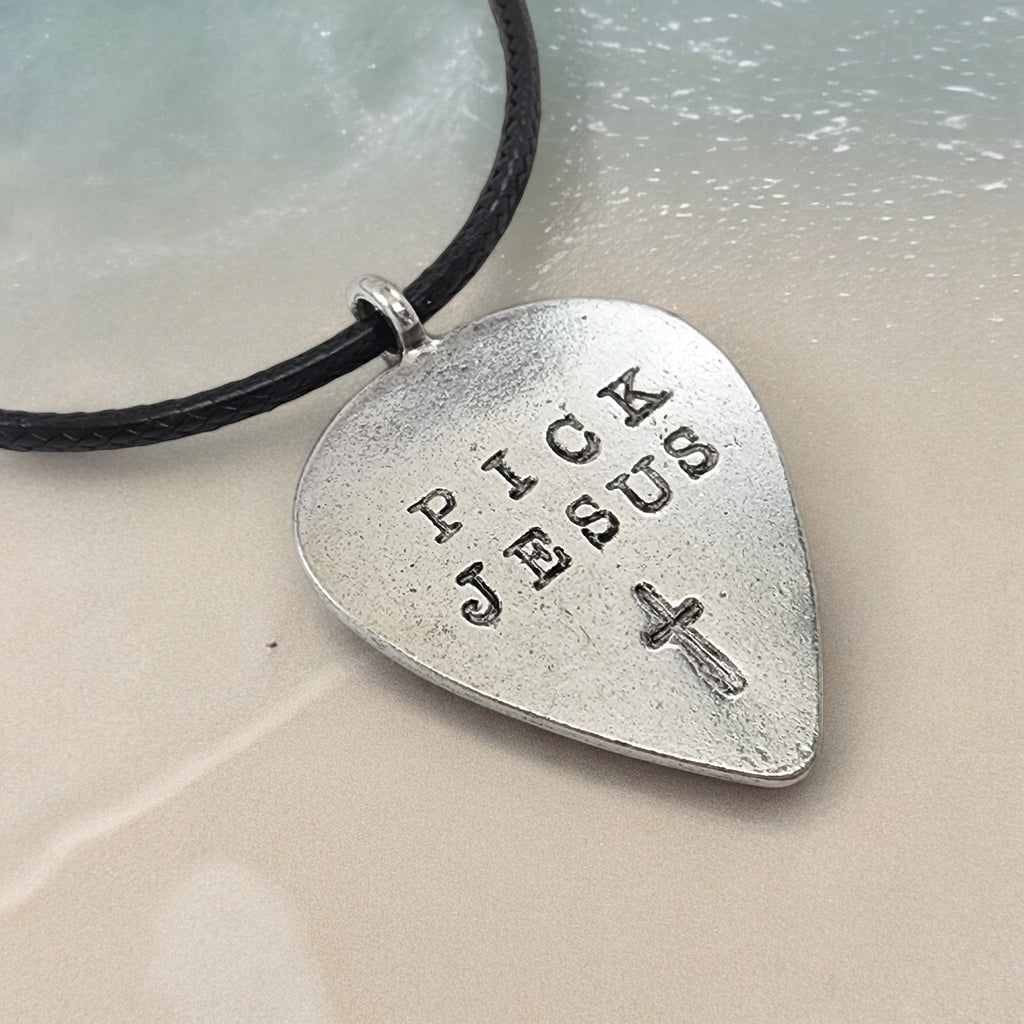 Guitar Pick Jesus Cross Antique Silver Finish Pendant Black Cord Necklace