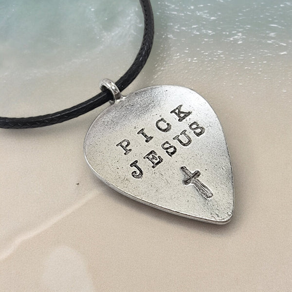 Guitar Pick Jesus Cross Antique Silver Finish Pendant Black Cord Necklace