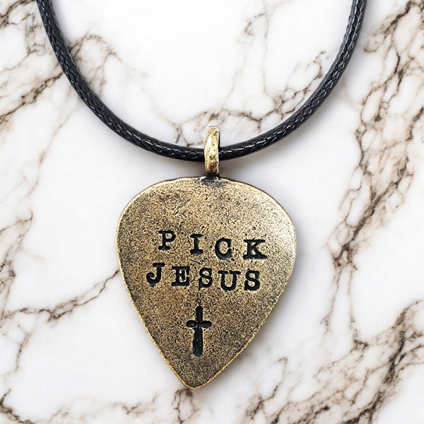 Guitar Pick Jesus Cross Antique Brass Finish Pendant Black Cord Necklace