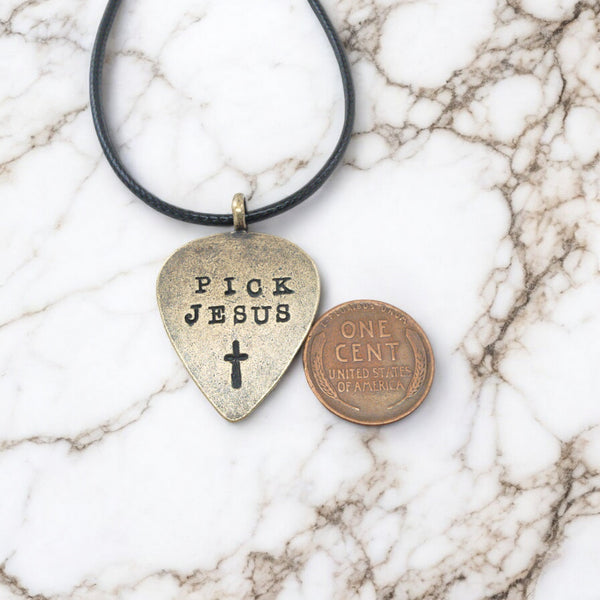 Guitar Pick Jesus Cross Antique Brass Finish Pendant Black Cord Necklace