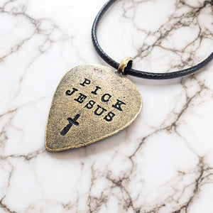 Guitar Pick Jesus Cross Antique Brass Finish Pendant Black Cord Necklace