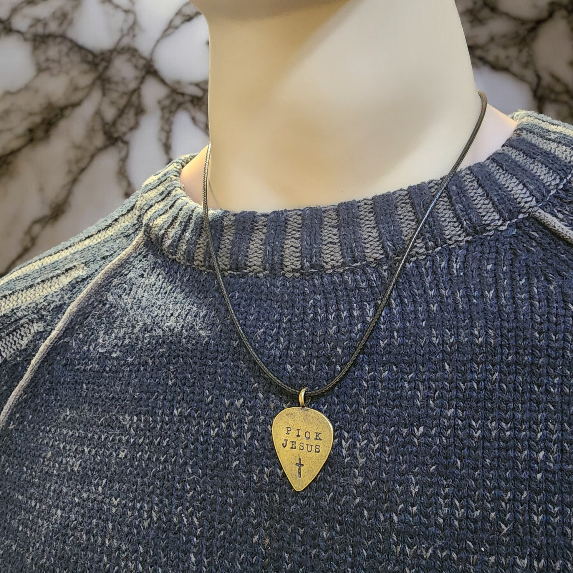 Guitar Pick Jesus Cross Antique Brass Finish Pendant Black Cord Necklace