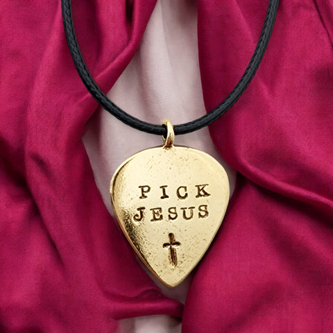 Guitar Pick Jesus Cross Gold Metal Finish Pendant Black Cord Necklace