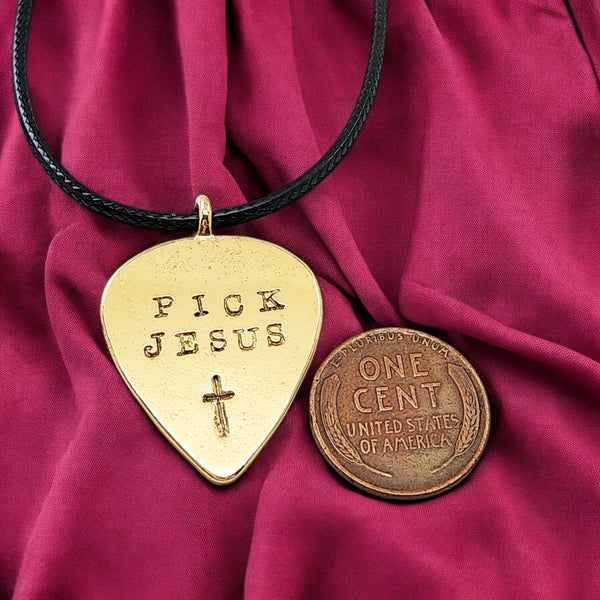 Guitar Pick Jesus Cross Gold Metal Finish Pendant Black Cord Necklace