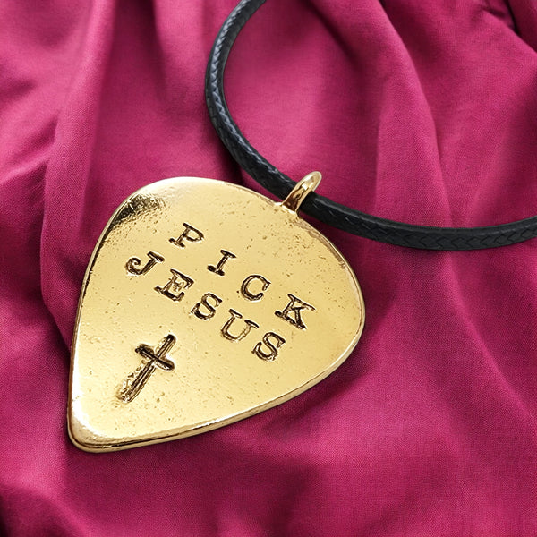 Guitar Pick Jesus Cross Gold Metal Finish Pendant Black Cord Necklace