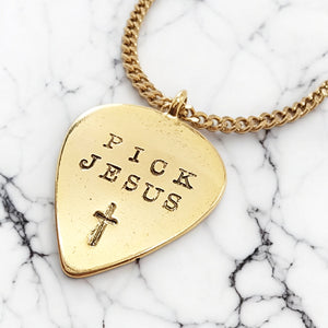 Pick Jesus Cross Gold Metal Finish Guitar Pick Pendant Gold Finish Chain Necklace