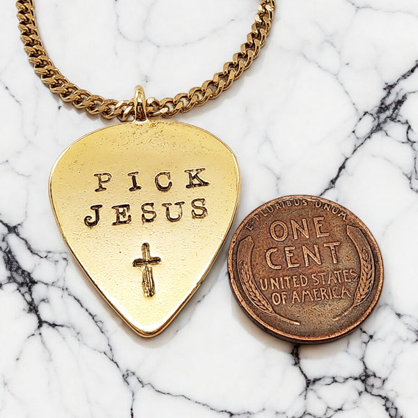 Pick Jesus Cross Gold Metal Finish Guitar Pick Pendant Gold Finish Chain Necklace