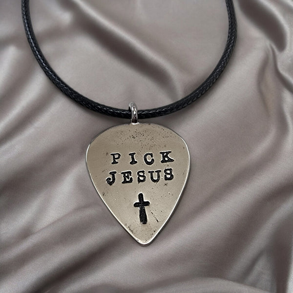 Guitar Pick Jesus Cross Dark Metal Finish Pendant Black Cord Necklace