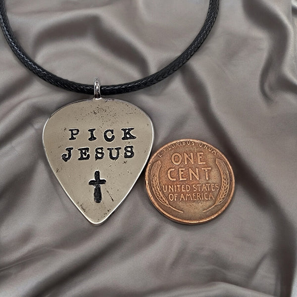 Guitar Pick Jesus Cross Dark Metal Finish Pendant Black Cord Necklace