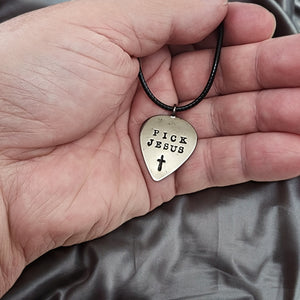 Guitar Pick Jesus Cross Dark Metal Finish Pendant Black Cord Necklace