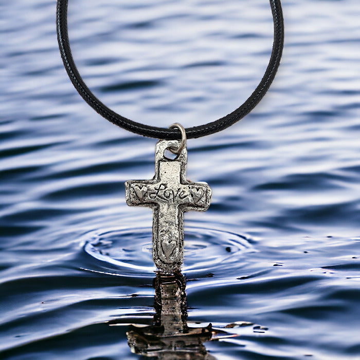Cross Love Heart Pewter Antique Silver Finish Black Cord Necklace