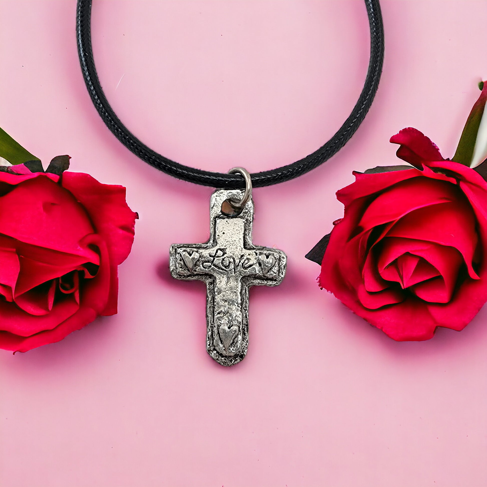 Cross Love Heart Pewter Antique Silver Finish Black Cord Necklace