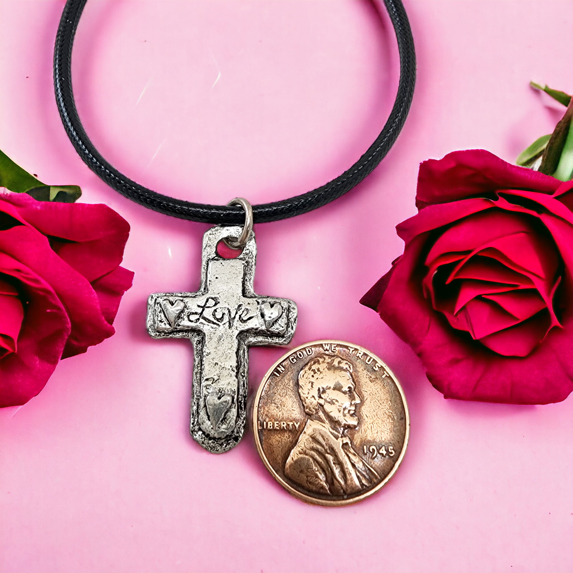 Cross Love Heart Pewter Antique Silver Finish Black Cord Necklace