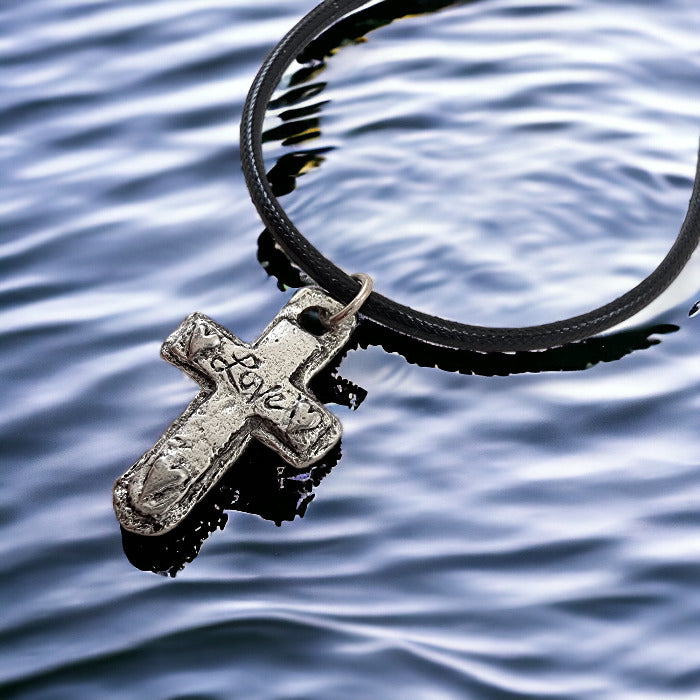 Cross Love Heart Pewter Antique Silver Finish Black Cord Necklace