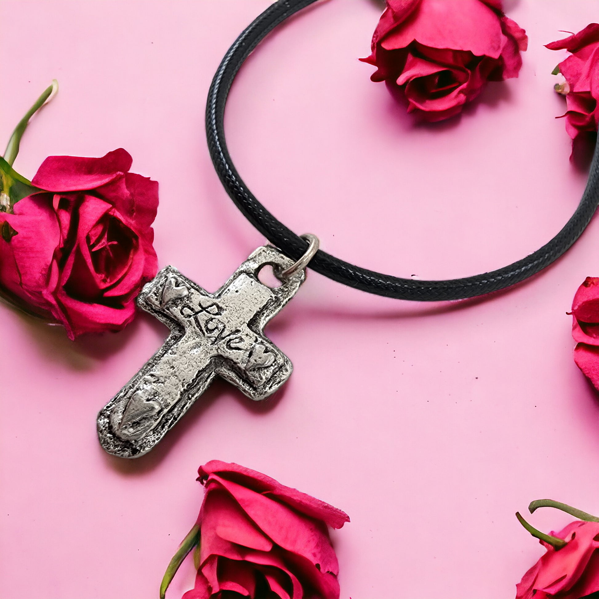Cross Love Heart Pewter Antique Silver Finish Black Cord Necklace