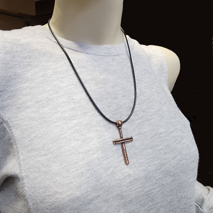 Baseball Bat And Ball Cross Necklace Antique Copper Finish on Black Cord