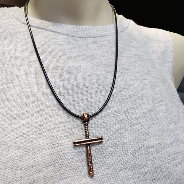 Baseball Bat And Ball Cross Necklace Antique Copper Finish on Black Cord