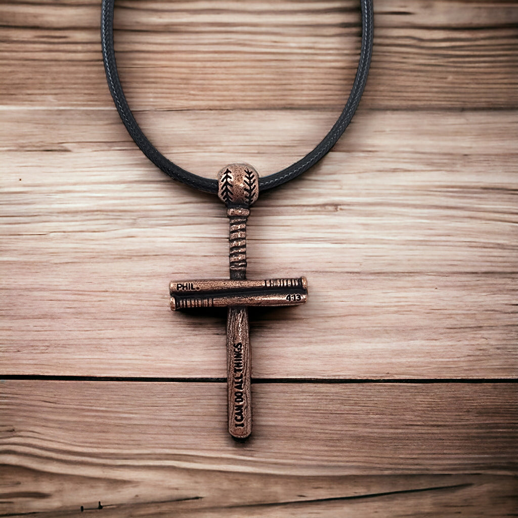 Baseball Bat And Ball Cross Necklace Antique Copper Finish on Black Cord
