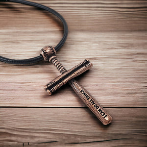 Baseball Bat And Ball Cross Necklace Antique Copper Finish on Black Cord