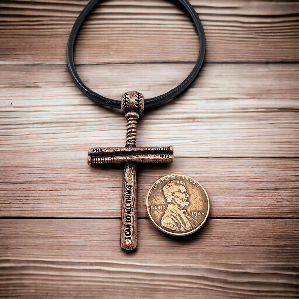 Baseball Bat And Ball Cross Necklace Antique Copper Finish on Black Cord