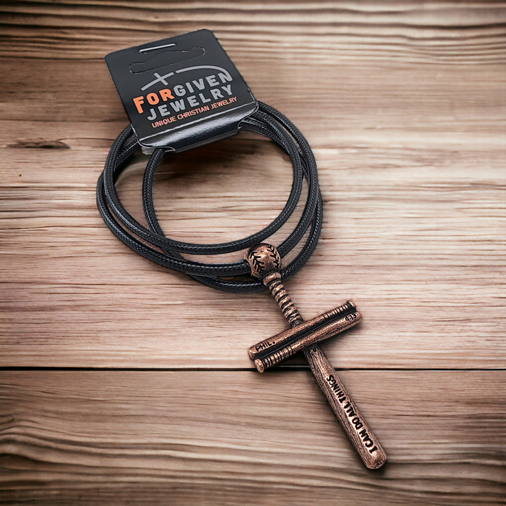 Baseball Bat And Ball Cross Necklace Antique Copper Finish on Black Cord