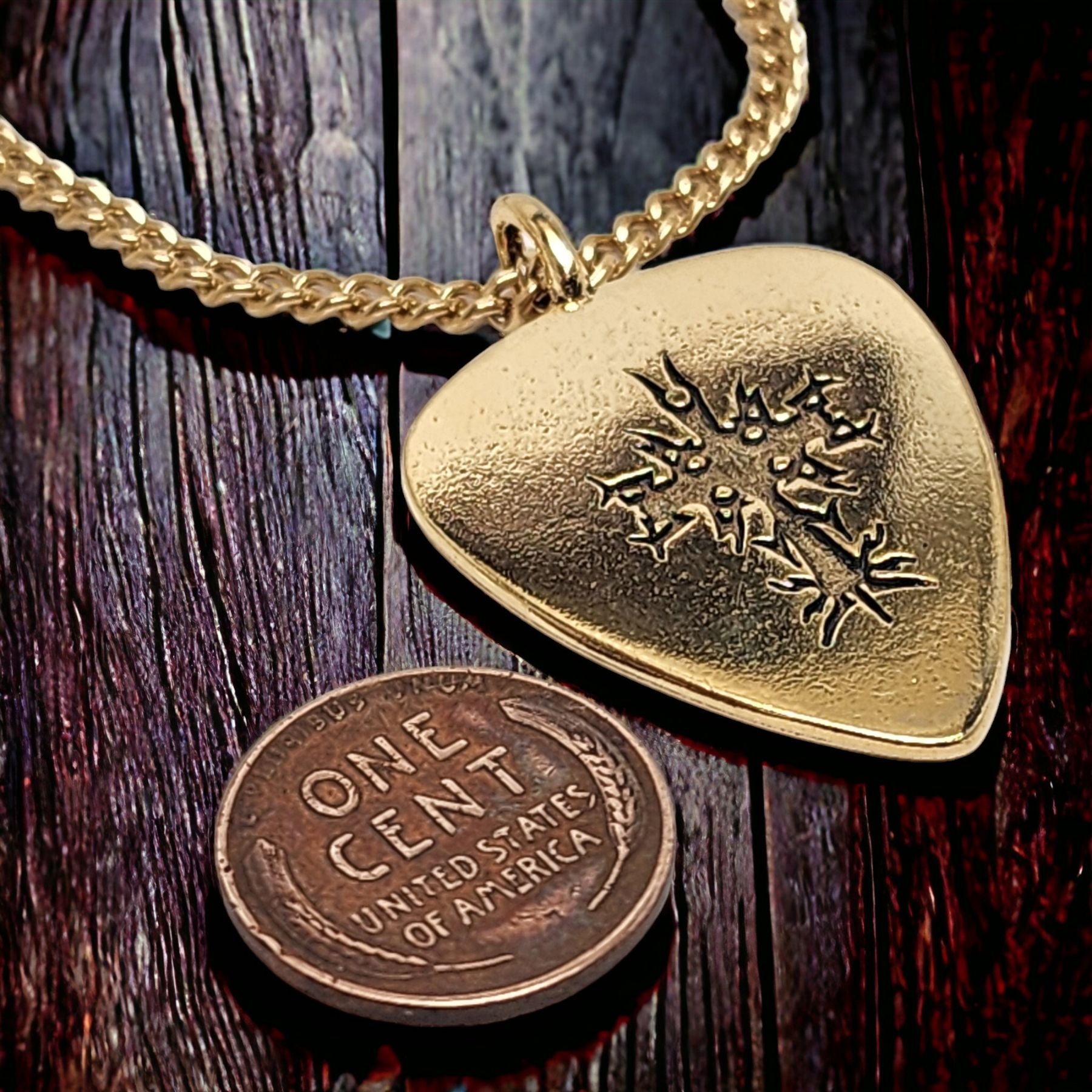Cross Guitar Pick Gold Metal Finish Pendant Gold Curb Chain Necklace