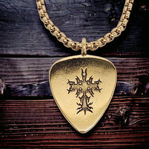 Cross Guitar Pick Gold Metal Finish Pendant Gold Heavy Box Chain Necklace