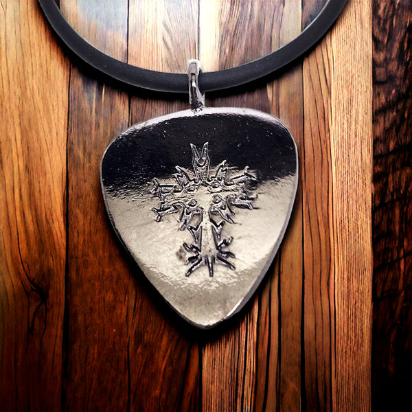 Cross Guitar Pick Dark Metal Finish Pendant Black Cord Necklace