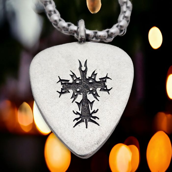 Cross Guitar Pick Antique Silver Finish Pendant Heavy Box Chain Necklace