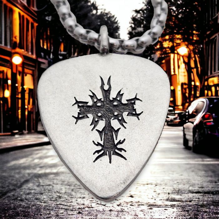 Cross Guitar Pick Antique Silver Finish Pendant Heavy Box Chain Necklace