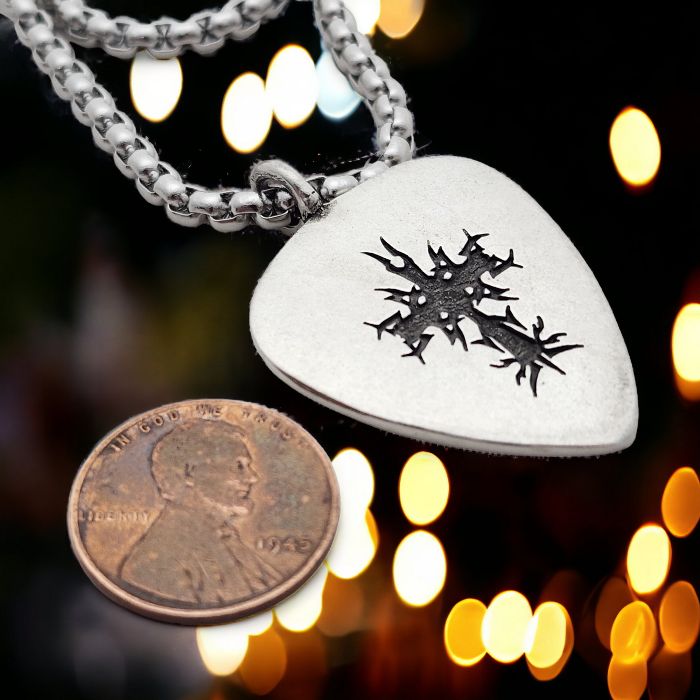 Cross Guitar Pick Antique Silver Finish Pendant Heavy Box Chain Necklace