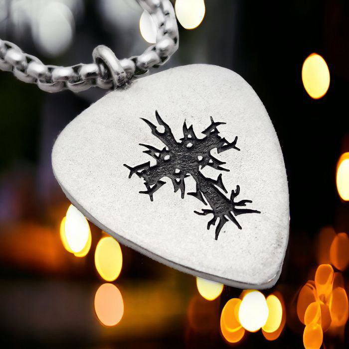 Cross Guitar Pick Antique Silver Finish Pendant Heavy Box Chain Necklace