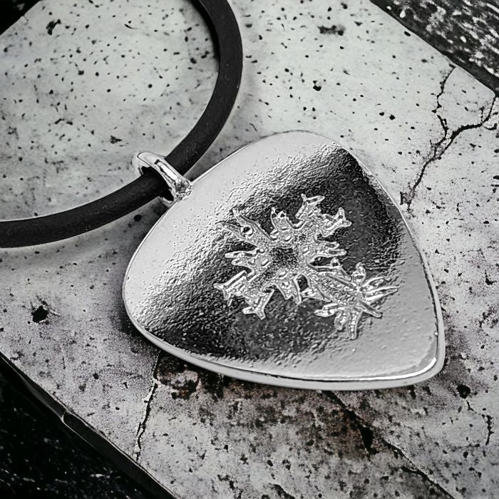 Cross Guitar Pick Rhodium Metal Finish Pendant Black Cord Necklace
