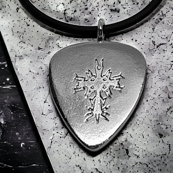 Cross Guitar Pick Rhodium Metal Finish Pendant Black Cord Necklace