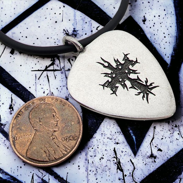 Cross Guitar Pick Antique Silver Finish Pendant Black Cord Necklace