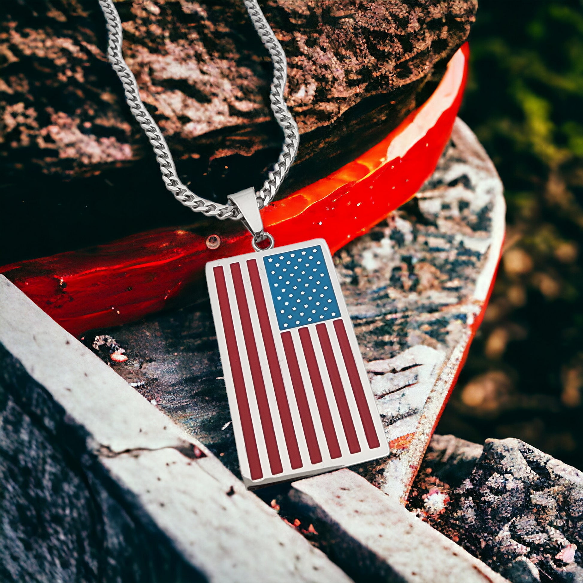 USA Flag Tag Stainless Steel Curb Chain Necklace