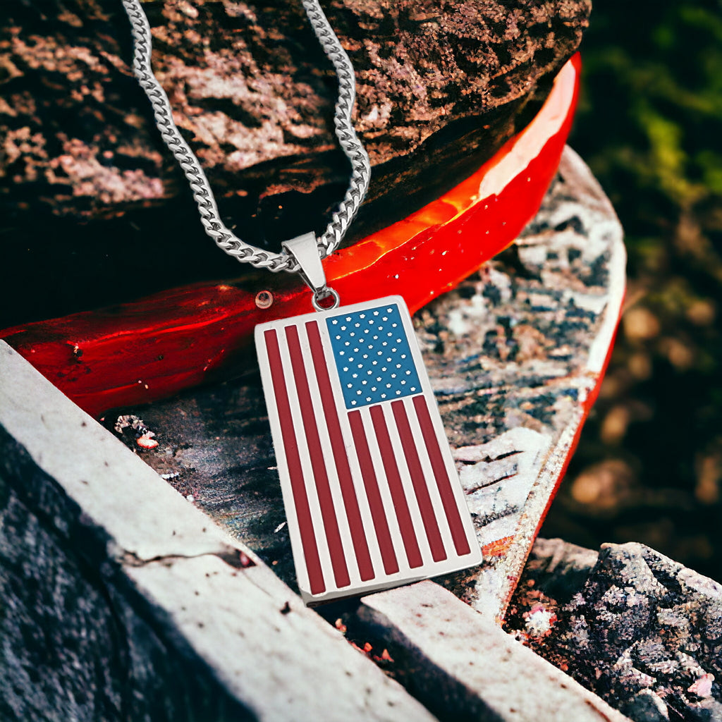 USA Flag Tag Stainless Steel Curb Chain Necklace