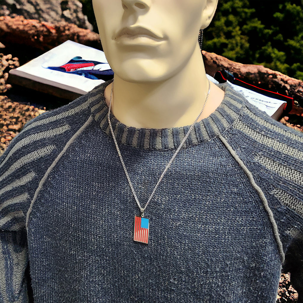 USA Flag Tag Stainless Steel Curb Chain Necklace
